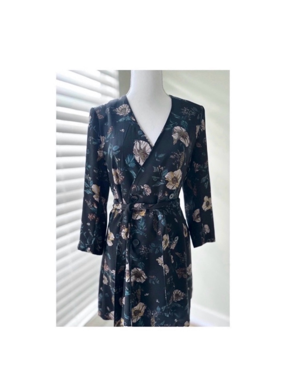 Frank & Oak Black Floral Tie-Waist Wrap Dress